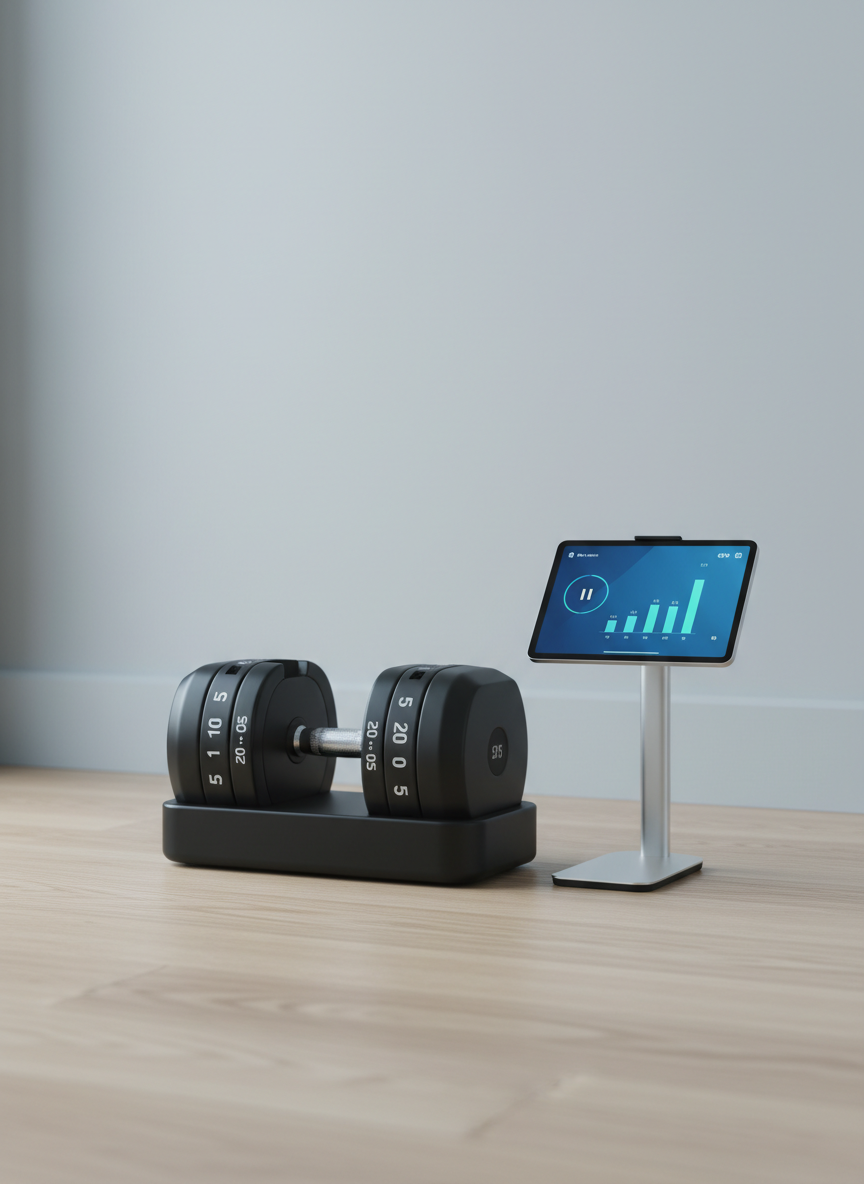 A modern home gym corner focused on a smart adjustable dumbbell set resting in its compact docking base on light oak laminate flooring. Each dumbbell features a matte black housing with clearly printed white numbers and a central chrome handle with fine knurling. A high-resolution tablet on a slim stand nearby displays a paused workout interface with charts and rep counts, slightly blurred to avoid readable text. Cool, indirect daylight filters through an off-frame window, producing soft, even illumination and faint reflections on the tablet screen. The space feels clean and uncluttered, with a smooth light gray wall as backdrop. Photographic realism, captured at eye level with a subtle wide-angle composition, communicates a professional, tech-forward atmosphere ideal for reviewing connected fitness products.