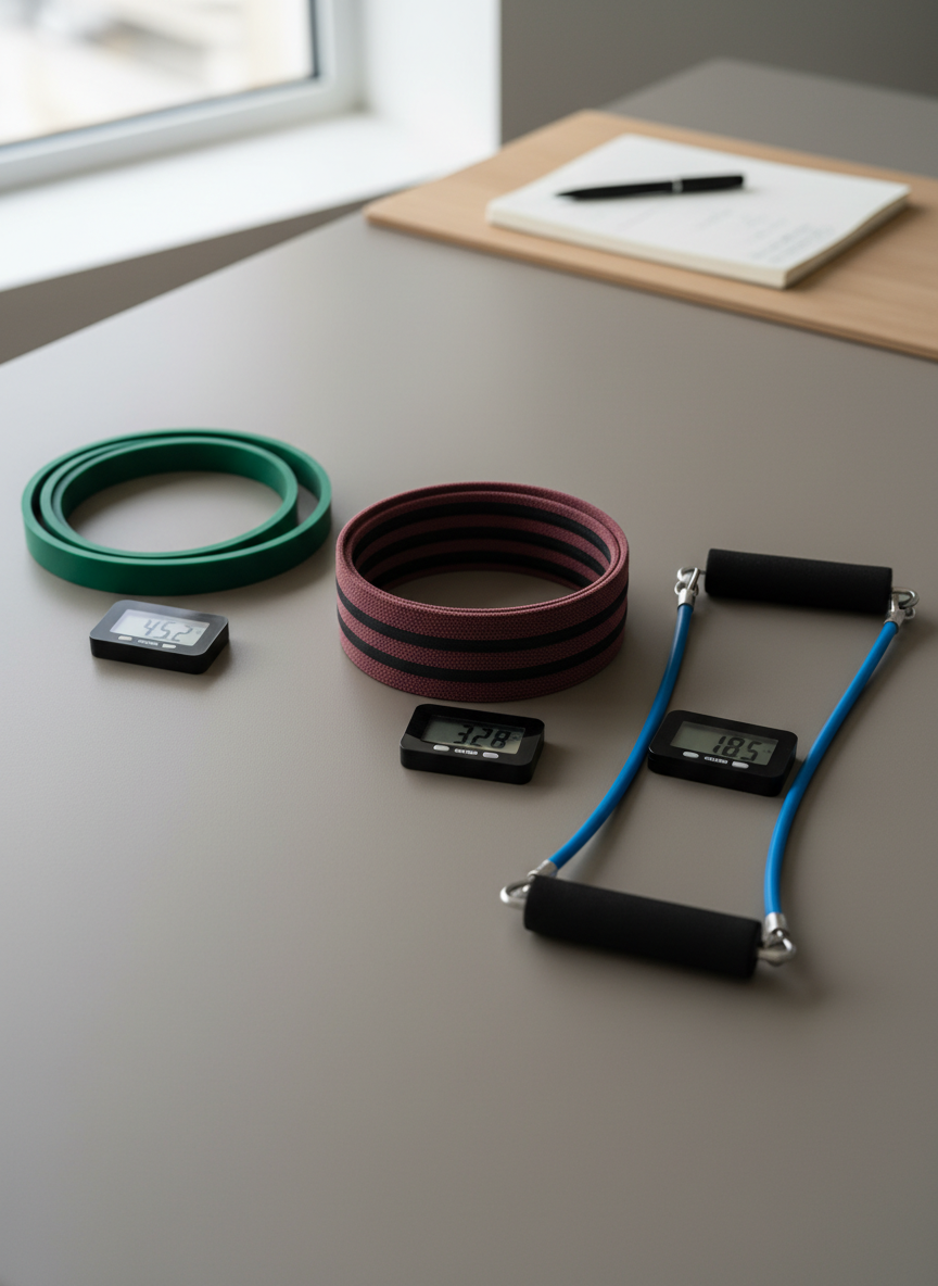 An organized comparison layout of three different resistance bands placed diagonally across a smooth, neutral gray tabletop. One is a thick loop band in deep forest green latex, another a flat hip band with woven fabric in muted maroon and rubber grip lines, and the third a slim tube band in electric blue with black foam handles and metal carabiners. Beside each lies a small, sleek digital luggage scale, implying measurable tension testing. Soft, side-lit window light from the left creates defined yet gentle shadows, emphasizing material textures and subtle color differences. The background is intentionally minimal, with only a blurred notebook and pen, suggesting scientific note-taking. Photographic realism, shot from an elevated angle with moderate depth of field, conveys precision and methodical product evaluation.