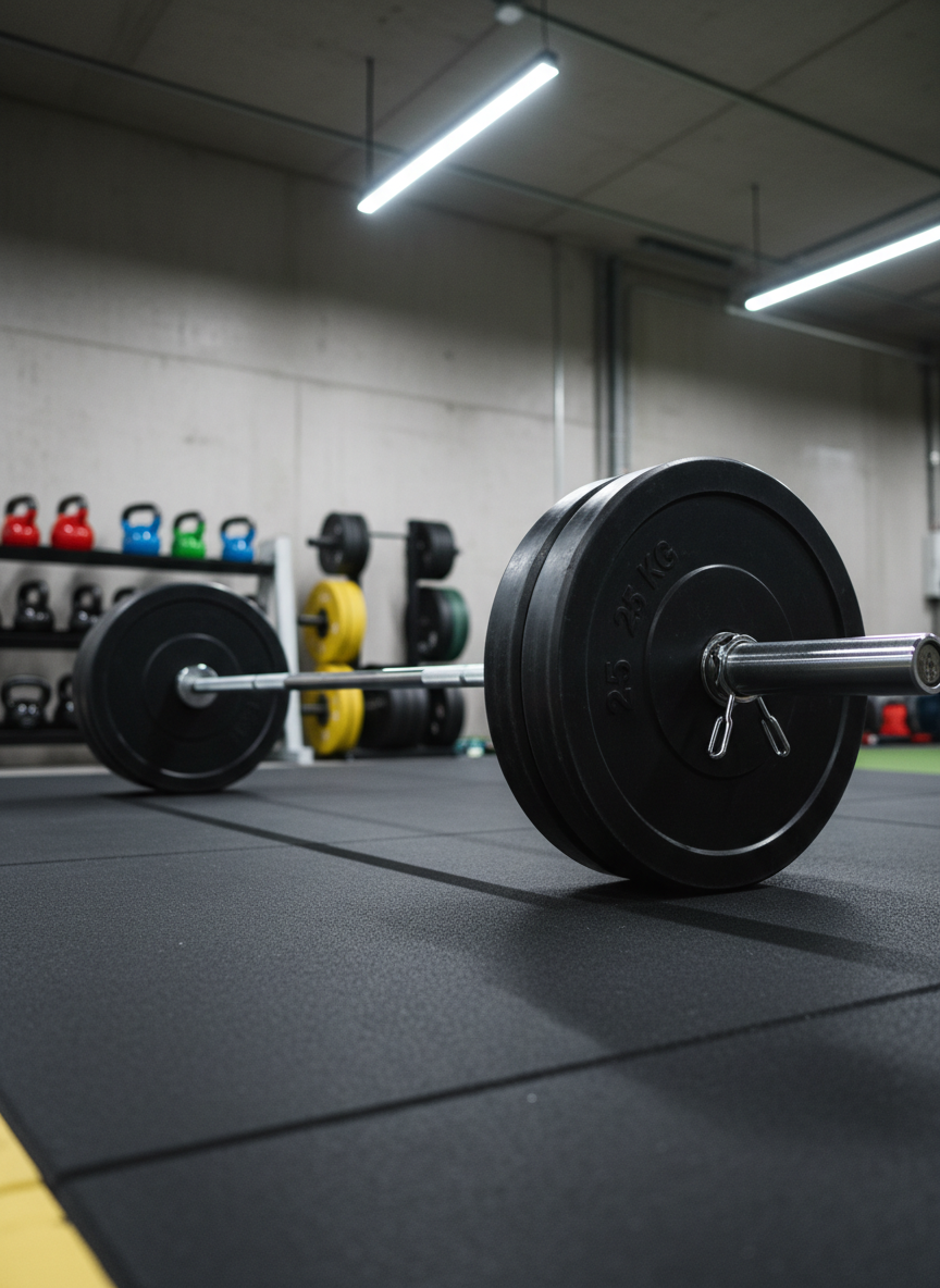 A close-up, photographic realistic scene of a polished chrome Olympic barbell loaded with matte black bumper plates resting on a textured black lifting platform. The knurling on the bar is sharply defined, and precise engraved weight markings are visible on the plate rim. In the background, slightly out of focus, stand color-coded kettlebells and neatly racked plates along a clean, industrial concrete wall. Cool, diffused overhead LED lighting casts crisp yet controlled reflections on the metal and soft shadows under the bar, creating a calm, analytical atmosphere. Shot at a low, three-quarter angle along the length of the bar with a shallow depth of field, the composition emphasizes engineering quality and performance testing in a modern strength lab environment.