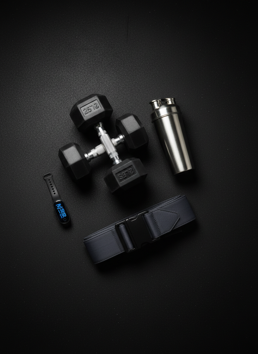 A meticulously arranged flat lay of strength training essentials displayed on a matte charcoal rubber gym floor. Centered is a pair of premium black hex dumbbells with crisp white weight markings, a stainless steel insulated shaker bottle with a brushed finish, a neatly folded dark gray lifting belt, and a slim digital fitness tracker resting beside them. Soft, diffused studio lighting from above creates gentle highlights on metal surfaces and subtle shadows around each object, emphasizing their forms without harsh contrast. The background is uncluttered, with a slight vignette drawing focus inward. Photographic realism, shot from a bird’s-eye view with sharp focus throughout, conveys a professional, science-driven mood suitable for a product comparison blog header image.